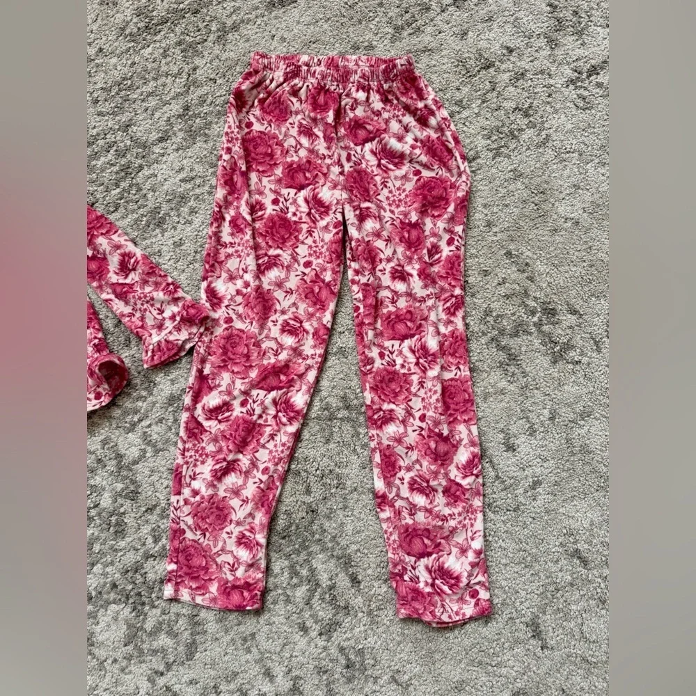 Betsey Johnson Girls Floral Fleece Pajama Set Pink Button Top Size 10